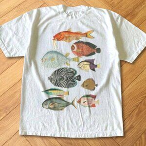 White Tropical Fish Graphic T-Shirt Ocean Marine Life Illustration Tee